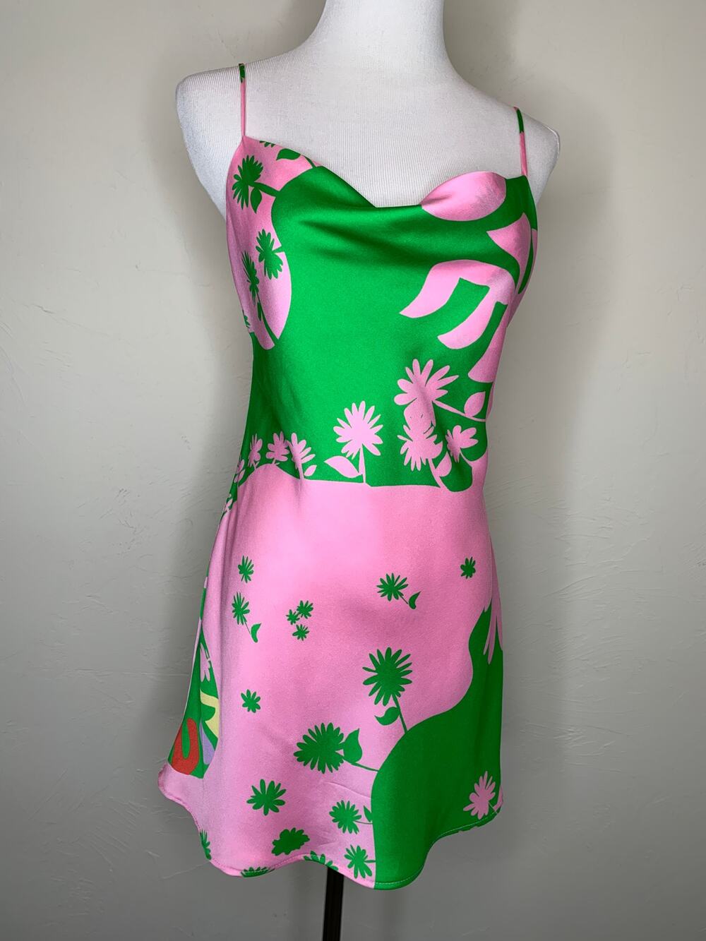 Zara Pink Green Slip Dress Draped Neck Mod Print Sz XS